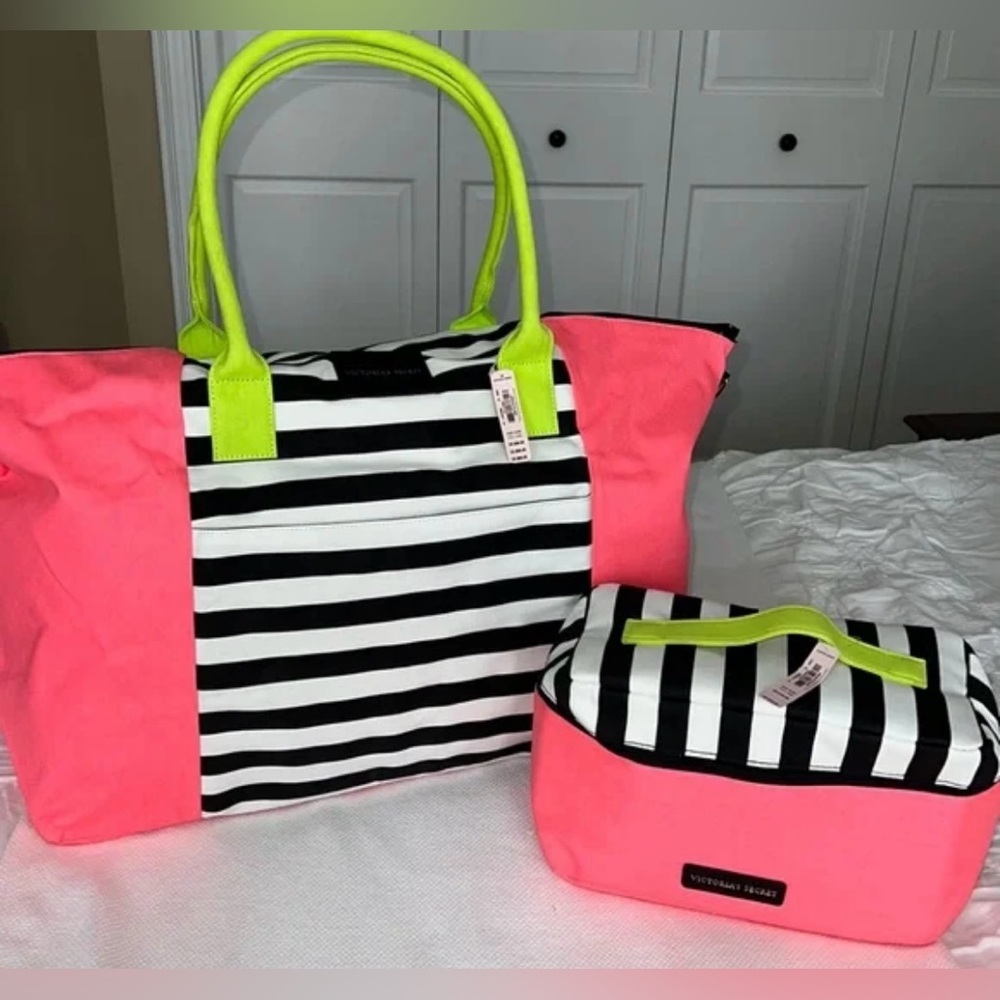 Victoria Secret Stripped Tote Bag Luggage Duffle Beach Bag Lingerie Case 2pc Set